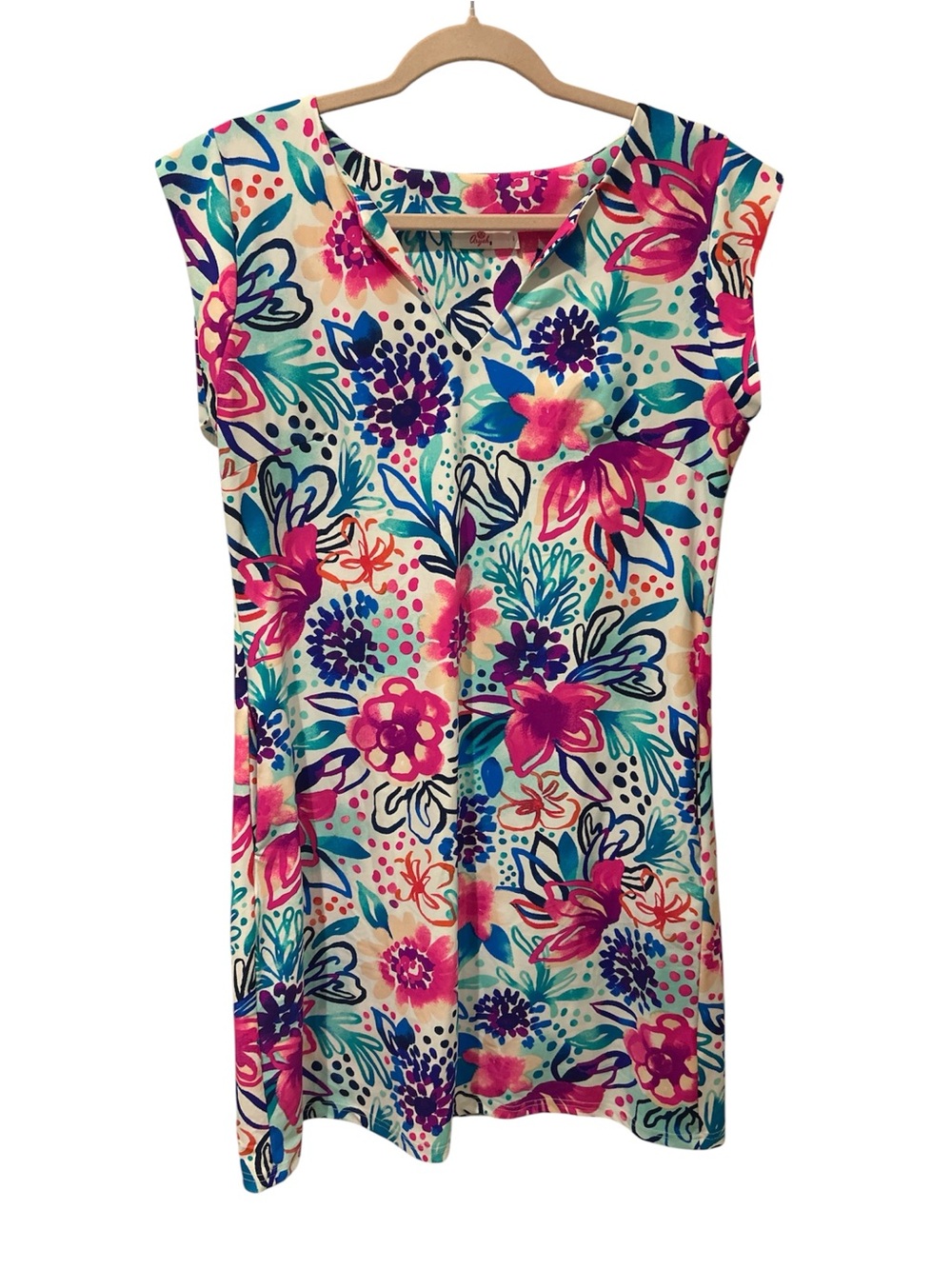 Bright Floral V-Neck Women's Dress - Pink & Blue